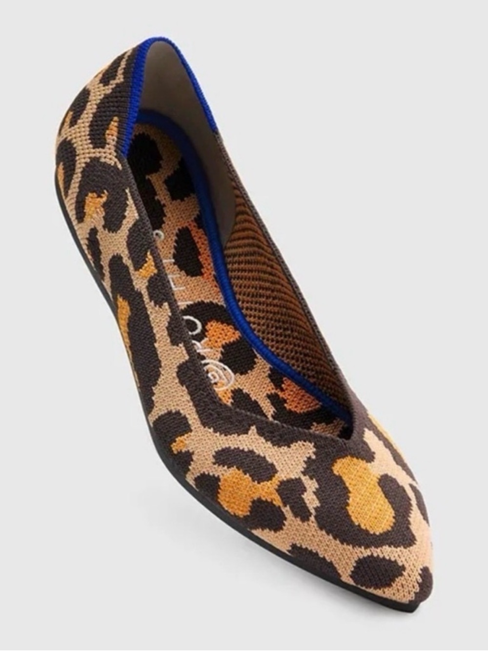 Rothy's Leopard Print Pointed Toe Flat in Brown and Tan with Blue Trim